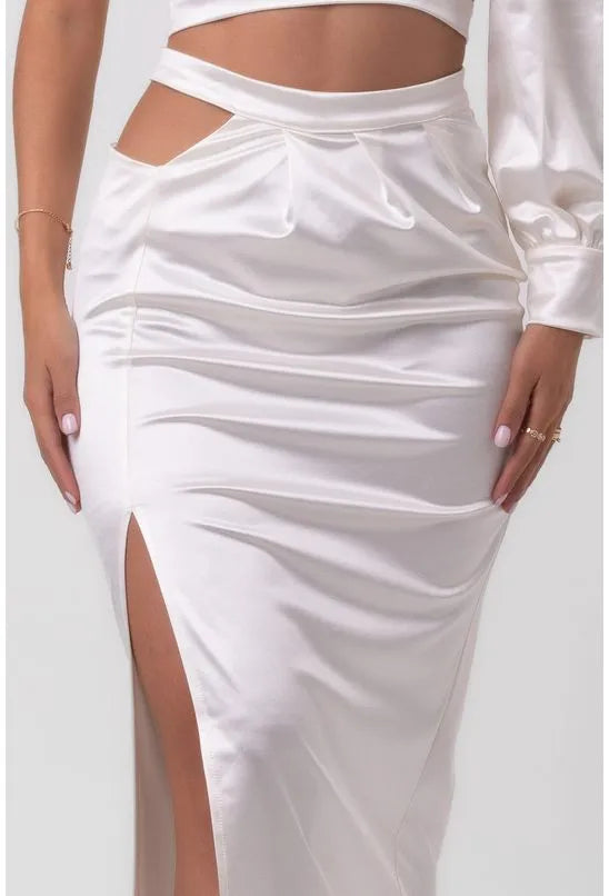 SAIA SATIN MIDI ASSIMÉTRICA OFFWHITE LABRAVA