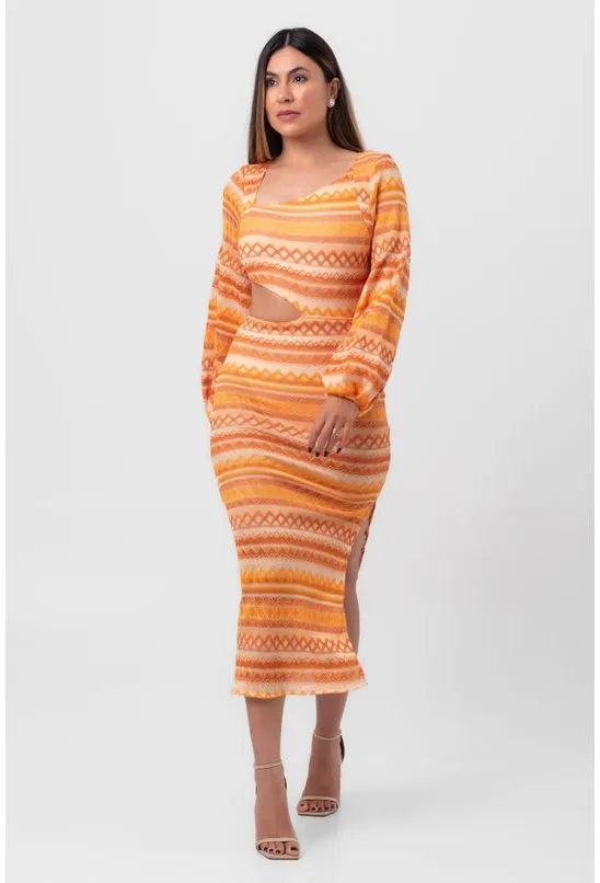 VESTIDO BORDADO MIDI ASSIMÉTRICO ETNIA LARANJA LABRAVA