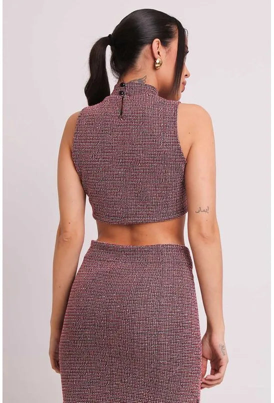 BLUSA CROPPED REGATA GOLA ALTA TWEED VERMELHO E PRETO LABRAVA