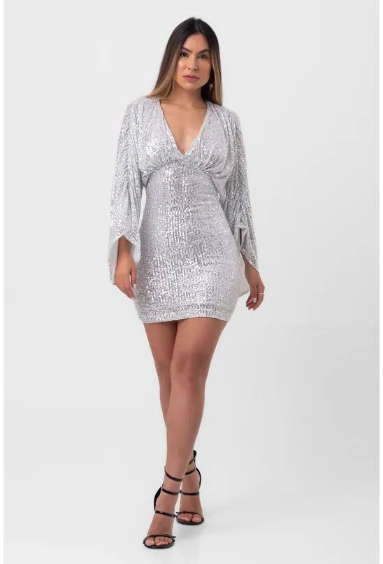 VESTIDO CURTO PREGAS PAETÊ PRATA LABRAVA