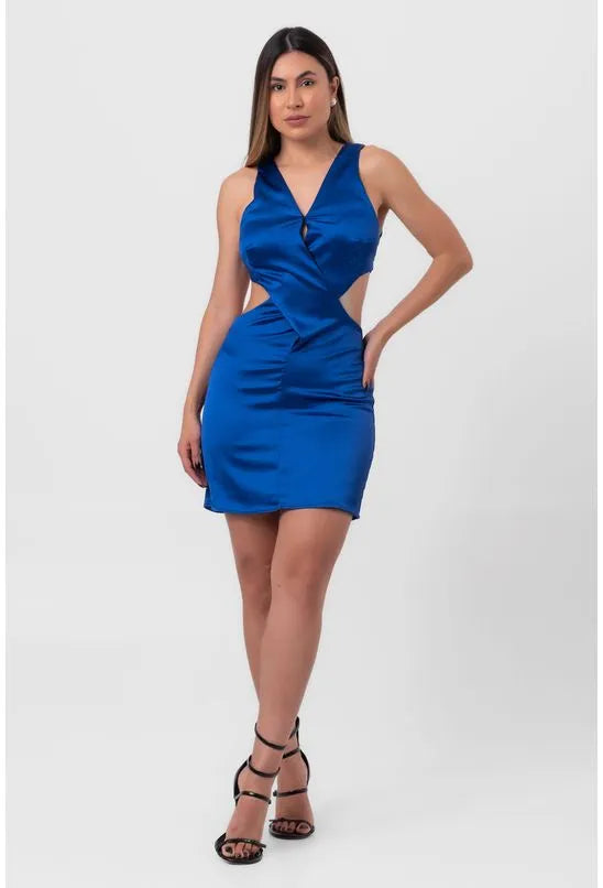 VESTIDO ACETINADO CURTO RECORTES TRIANGULARES AZUL LABRAVA