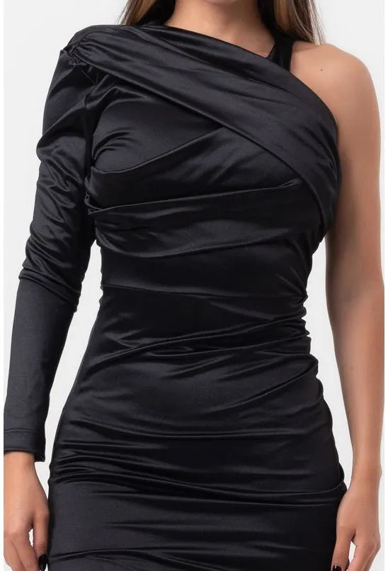VESTIDO SATIN CURTO DRAPEADO ASSIMÉTRICO PRETO LABRAVA