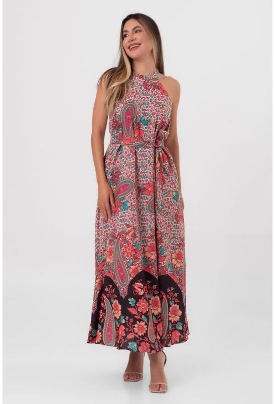 VESTIDO COLUNA LONGO PAISLEY FLORAL PEQUIÁ