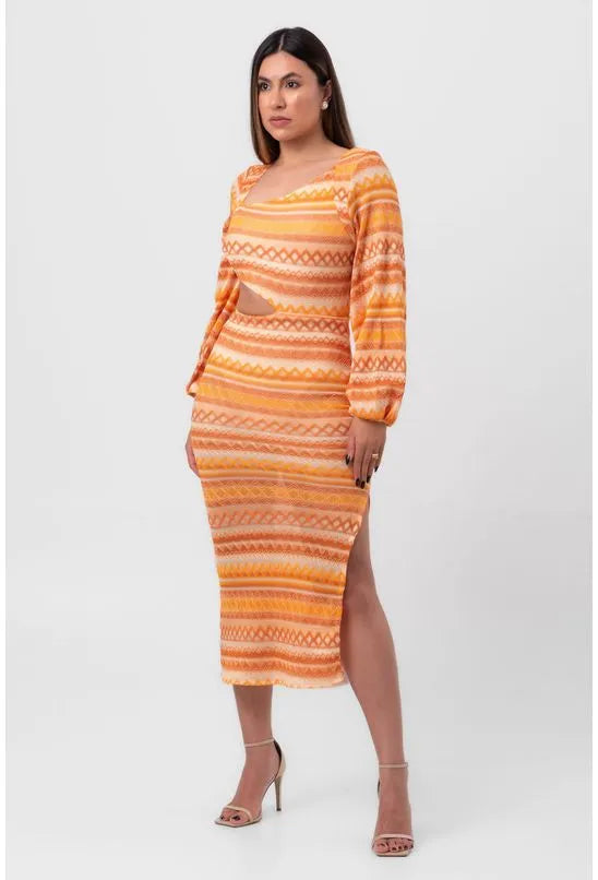 VESTIDO BORDADO MIDI ASSIMÉTRICO ETNIA LARANJA LABRAVA