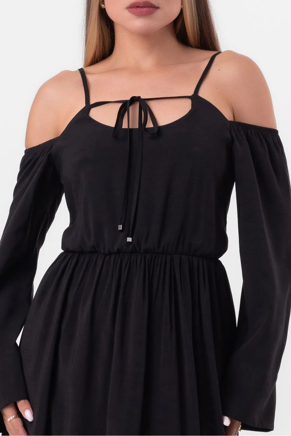 VESTIDO VISCOSE MIDI AMARRAÇÃO DECOTE PRETO LABRAVA