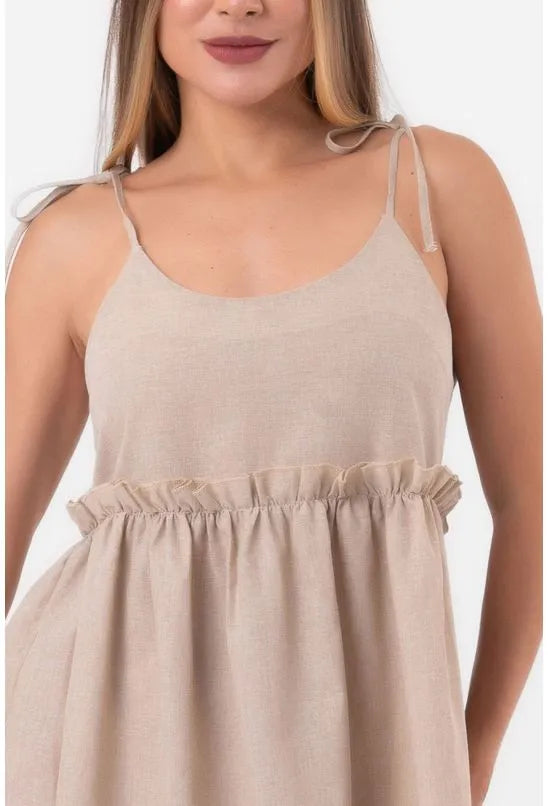 VESTIDO CURTO LINHO AMPLO ALÇAS AMARRÇÃO BEGE