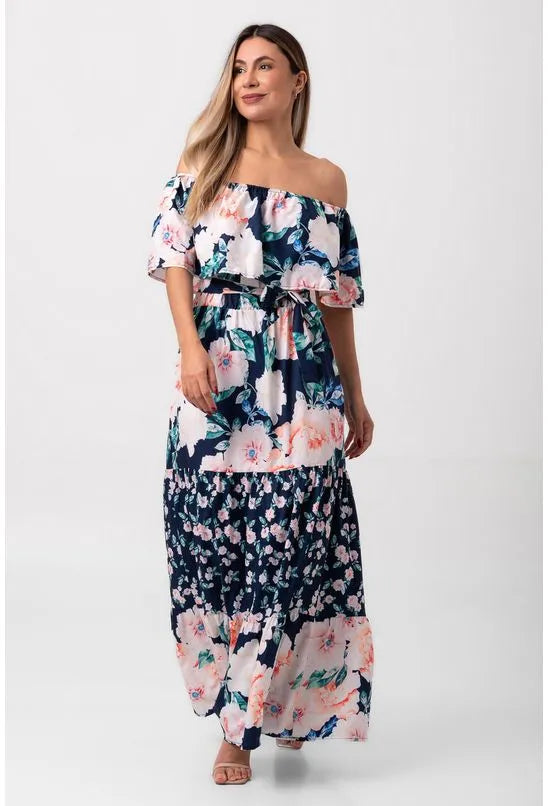 VESTIDO LIRIO LONGO OMBRO A OMBRO AZUL