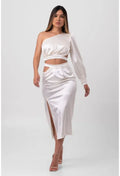 SAIA SATIN MIDI ASSIMÉTRICA OFFWHITE LABRAVA