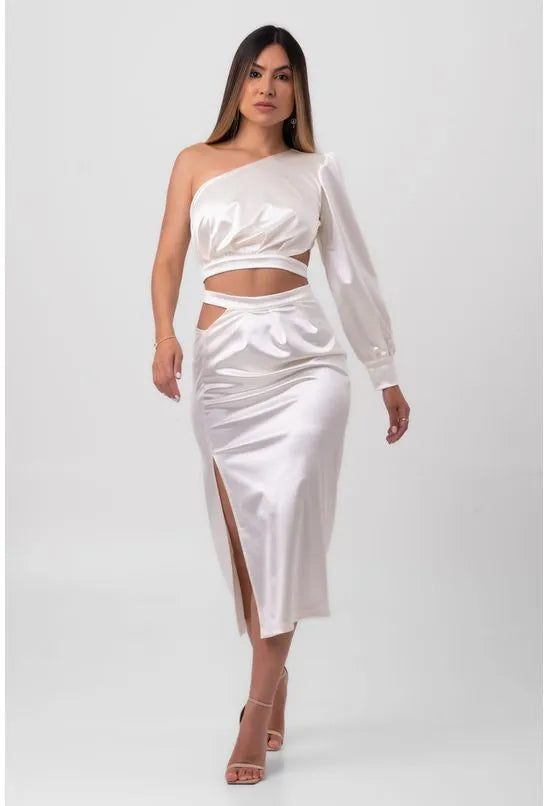 SAIA SATIN MIDI ASSIMÉTRICA OFFWHITE LABRAVA