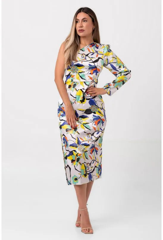 VESTIDO MIDI MANGA ÚNICA SENSUALE AMARELO LABRAVA