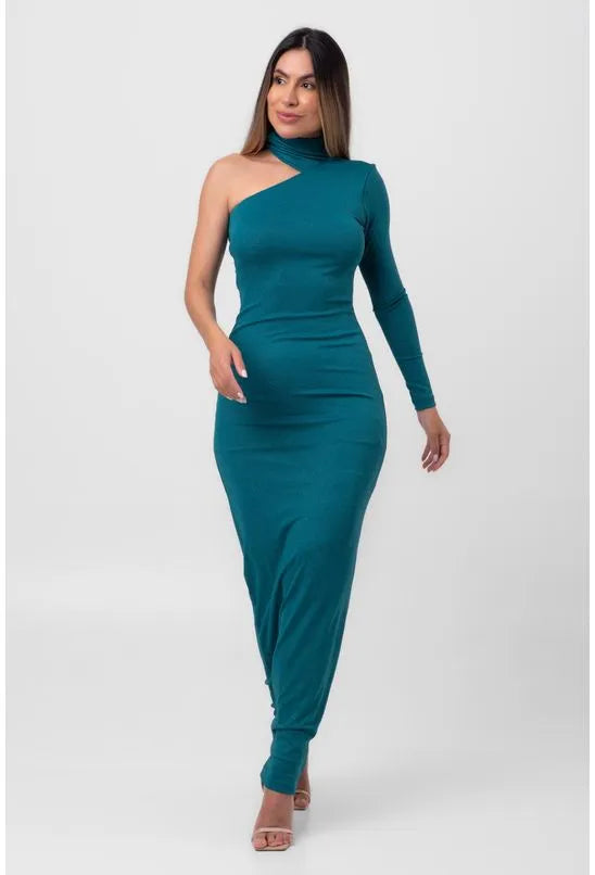 VESTIDO LUREX LONGO ASSIMÉTRICO VERDE LABRAVA