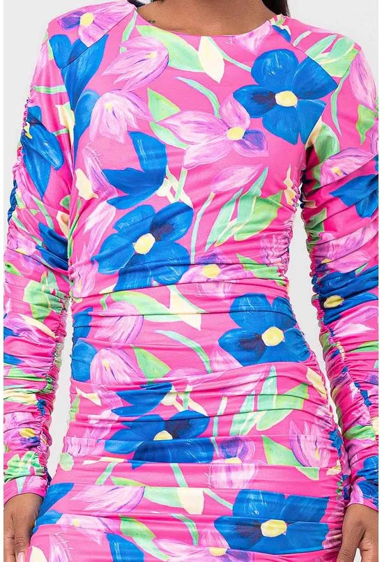 VESTIDO CURTO FRANZIDO ESTAMPADO LANÇA PERFUME