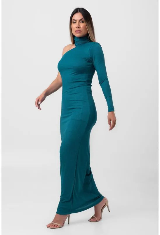 VESTIDO LUREX LONGO ASSIMÉTRICO VERDE LABRAVA