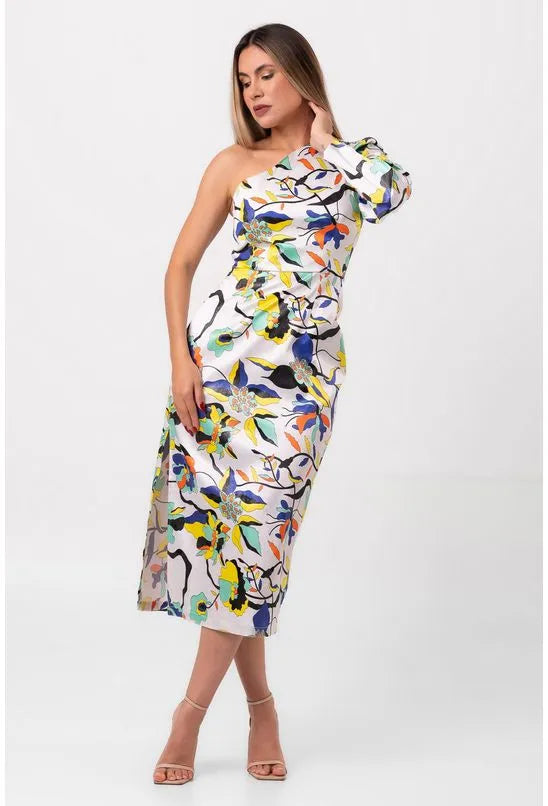 VESTIDO MIDI MANGA ÚNICA SENSUALE AMARELO LABRAVA