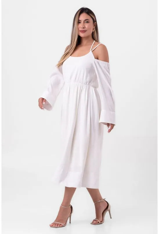 VESTIDO VISCOSE MIDI AMARRAÇÃO DECOTE OFF WHITE LABRAVA