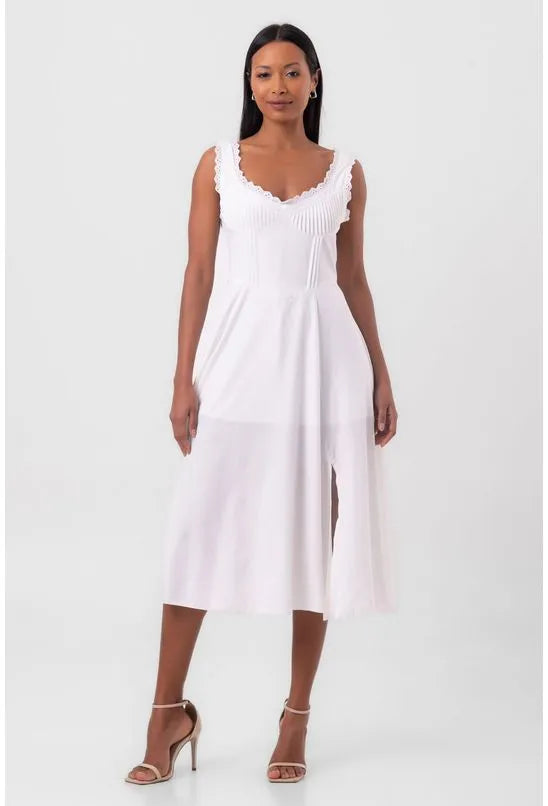 VESTIDO MIDI COM RENDA DECOTE V CORSET BRANCO