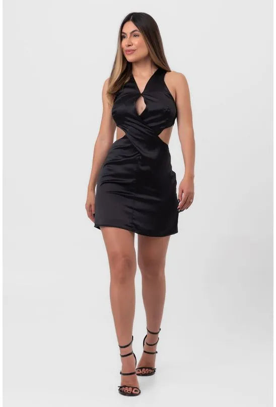 VESTIDO ACETINADO CURTO RECORTES TRIANGULARES PRETO LABRAVA