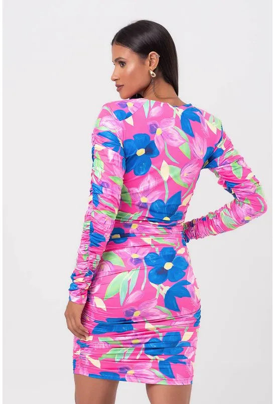 VESTIDO CURTO FRANZIDO ESTAMPADO LANÇA PERFUME