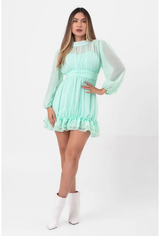 VESTIDO CURTO COM BABADOS VERDE