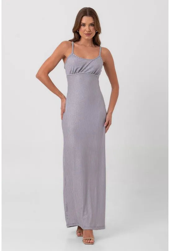 VESTIDO CANELADO LONGO COLUNA PRATA LABRAVA