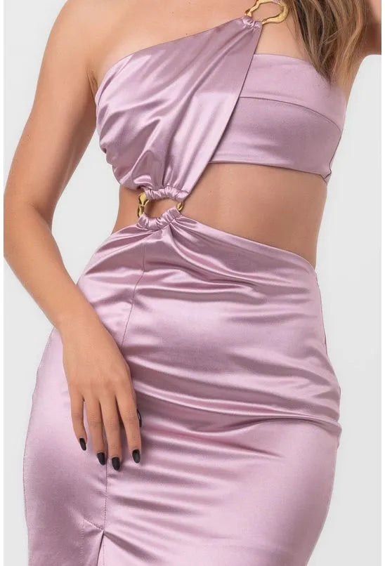 VESTIDO SATIN MIDI ARGOLAS E RECORTES VAZADOS ROXO LABRAVA