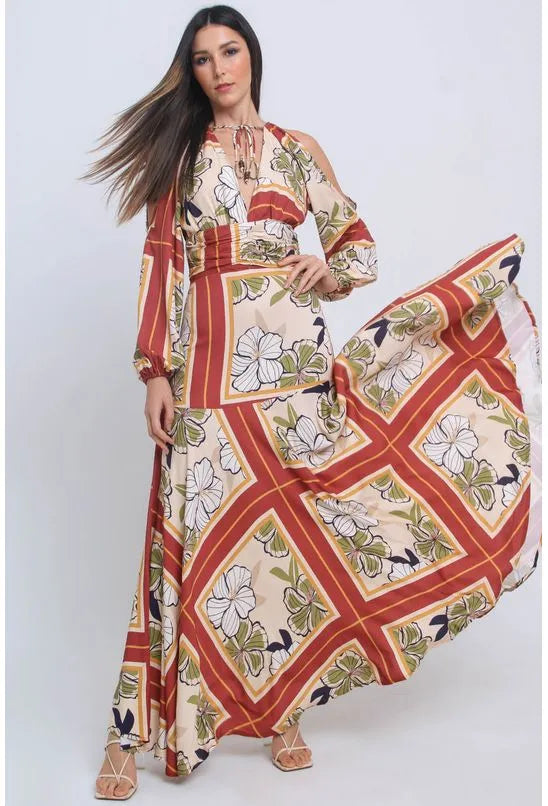 VESTIDO LONGO FLORAL BARRADO ALL IS LOVE