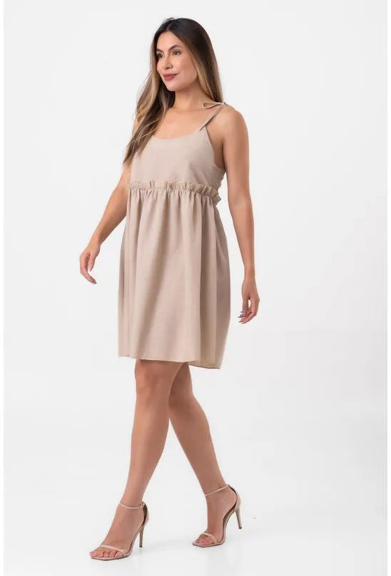 VESTIDO CURTO LINHO AMPLO ALÇAS AMARRÇÃO BEGE