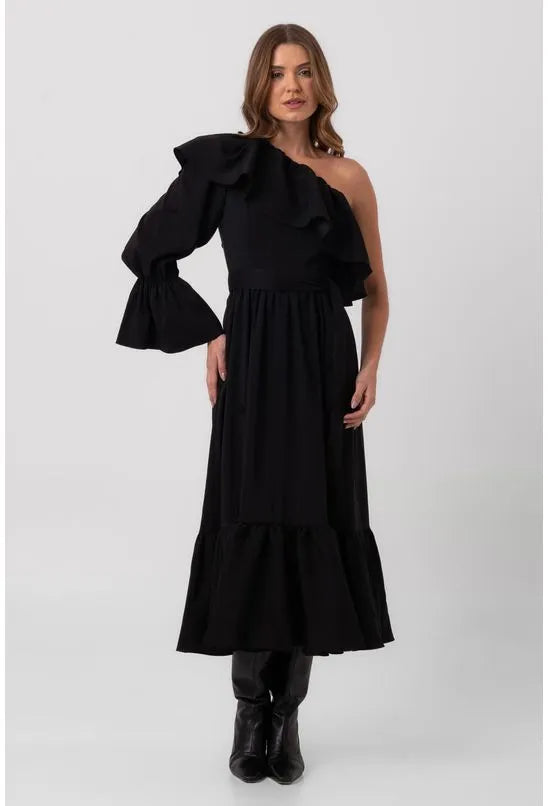 VESTIDO SUPER MIDI MANGA BUFANTE PRETO LABRAVA