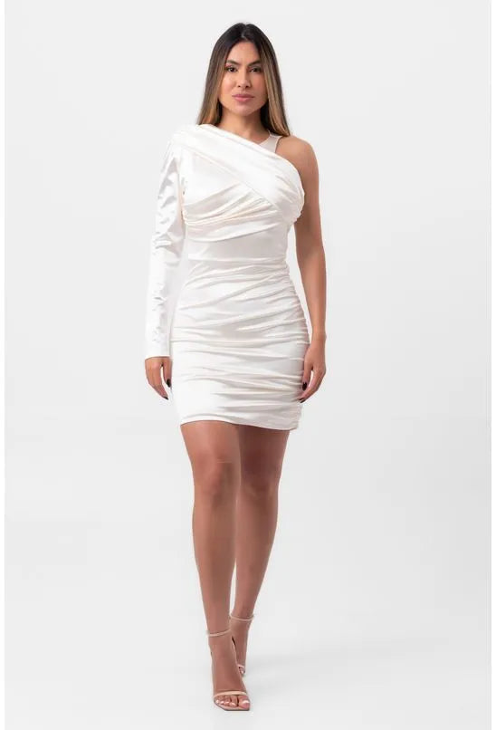 VESTIDO SATIN CURTO DRAPEADO ASSIMÉTRICO OFFWHITE LABRAVA