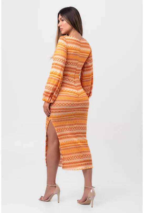 VESTIDO BORDADO MIDI ASSIMÉTRICO ETNIA LARANJA LABRAVA