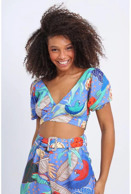 BLUSA CROPPED FOLHAGEM TROPICAL PEQUIÁ