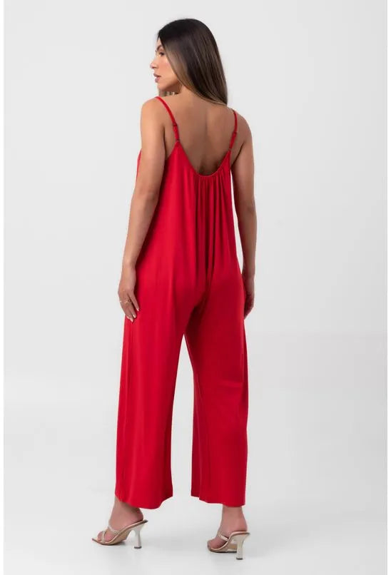 MACACÃO DE ALÇA CASUAL SOLTO COM BOLSO VERMELHO