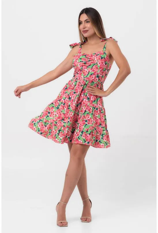 VESTIDO EVASÊ CINTURA MARCADA FLORAL ROSA