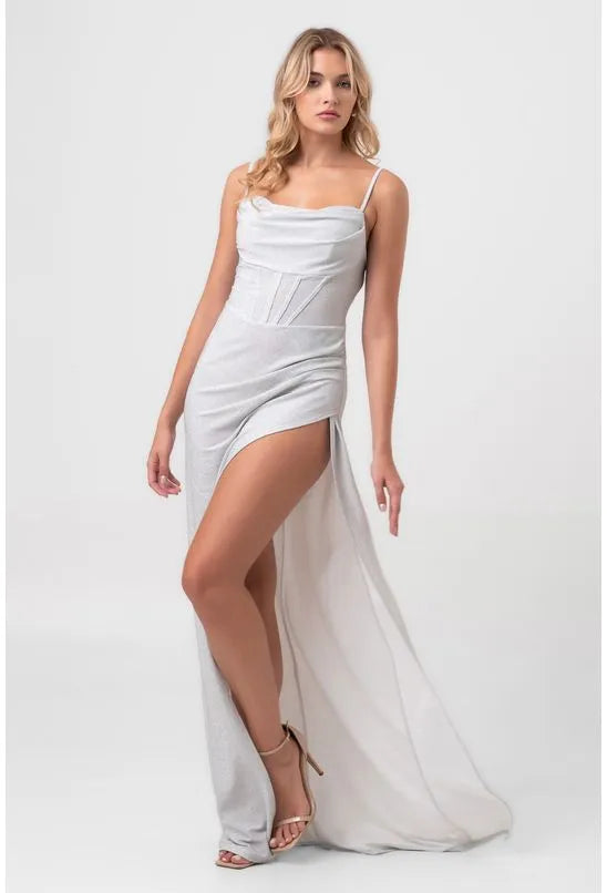 VESTIDO LONGO ALÇA FINA COM FENDA LATERAL PRATA