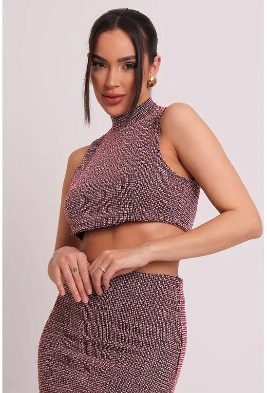 BLUSA CROPPED REGATA GOLA ALTA TWEED VERMELHO E PRETO LABRAVA