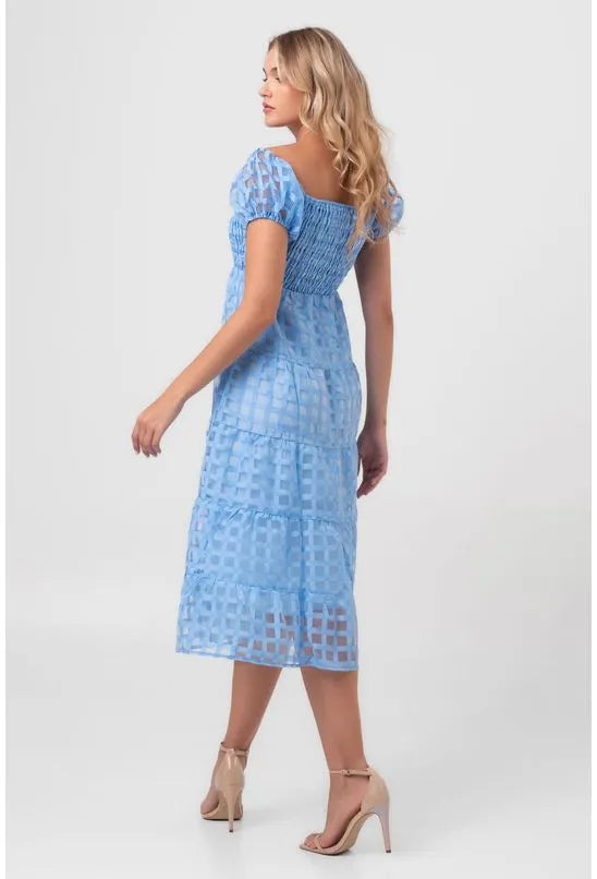 VESTIDO MIDI DE RENDA COM MANGAS BUFANTES AZUL