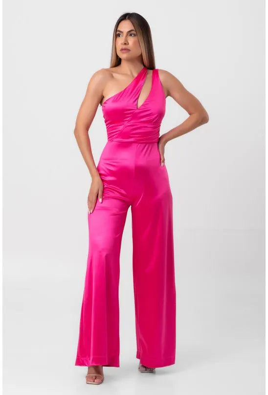 MACACÃO SATIN RECORTES ASSIMÉTRICO ROSA LABRAVA