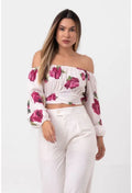BLUSA CROPPED OMBRO A OMBRO DETALHE AMARRAÇÃO CNTURA FLORAL OFF WHITE