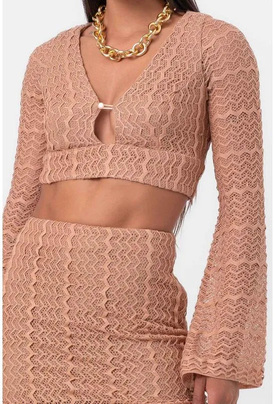 TOP RENDA DECOTE V NUDE LABRAVA