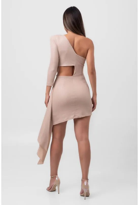 VESTIDO LUREX CURTO CALDA E TORÇÃO BEGE LABRAVA