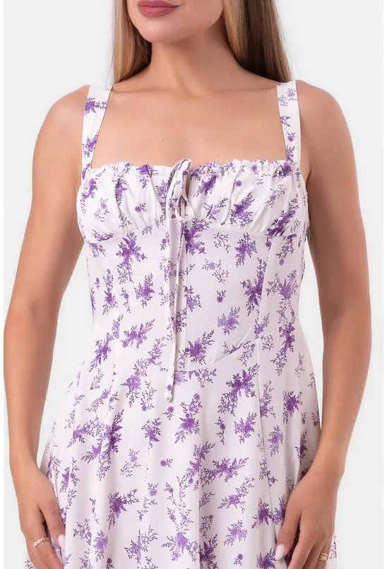 VESTIDO MIDI CORSET FLORAL OFFWHITE E ROXO
