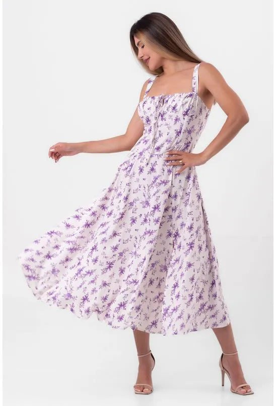 VESTIDO MIDI CORSET FLORAL OFFWHITE E ROXO