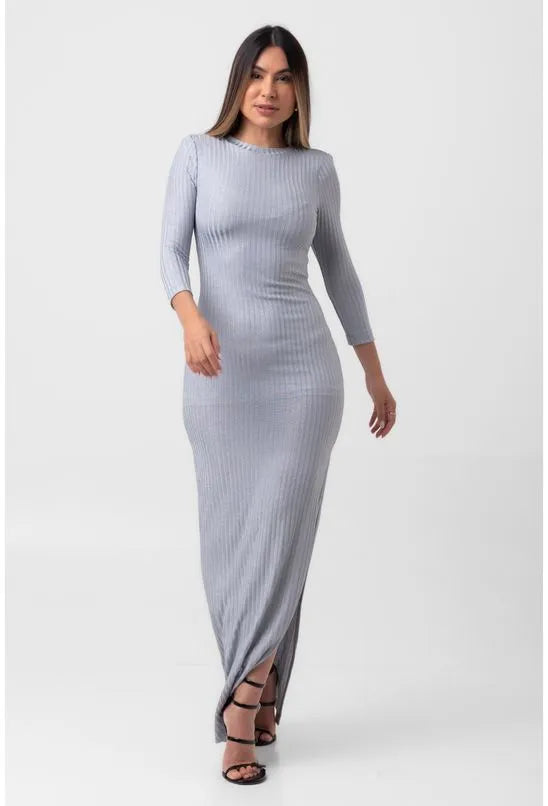VESTIDO CANELADO SUPER MIDI FENDA ÚNICA PRATA LABRAVA