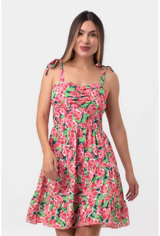 VESTIDO EVASÊ CINTURA MARCADA FLORAL ROSA
