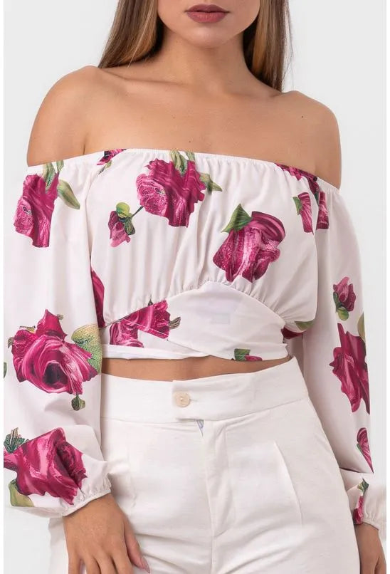 BLUSA CROPPED OMBRO A OMBRO DETALHE AMARRAÇÃO CNTURA FLORAL OFF WHITE