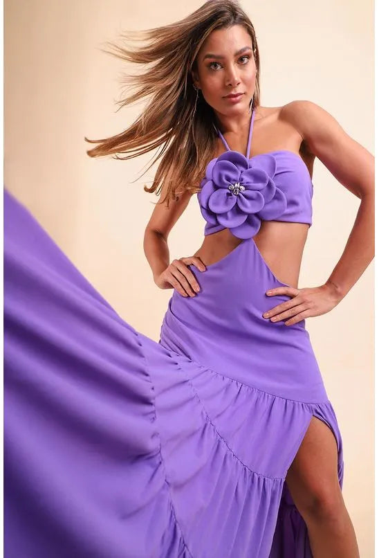 VESTIDO COM CUT OFF LONGO LANÇA PERFUME - LILÁS