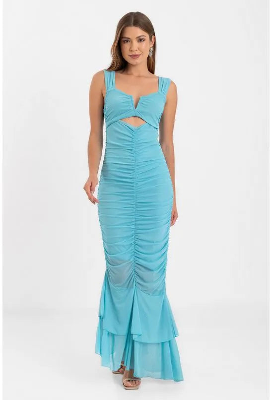 VESTIDO LONGO JUSTO FRANZIDO AZUL CLARO