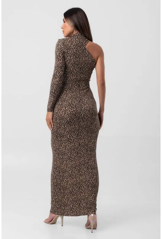 VESTIDO LONGO ASSIMÉTRICO ONÇA MULTICOLORIDO PEQUIÁ