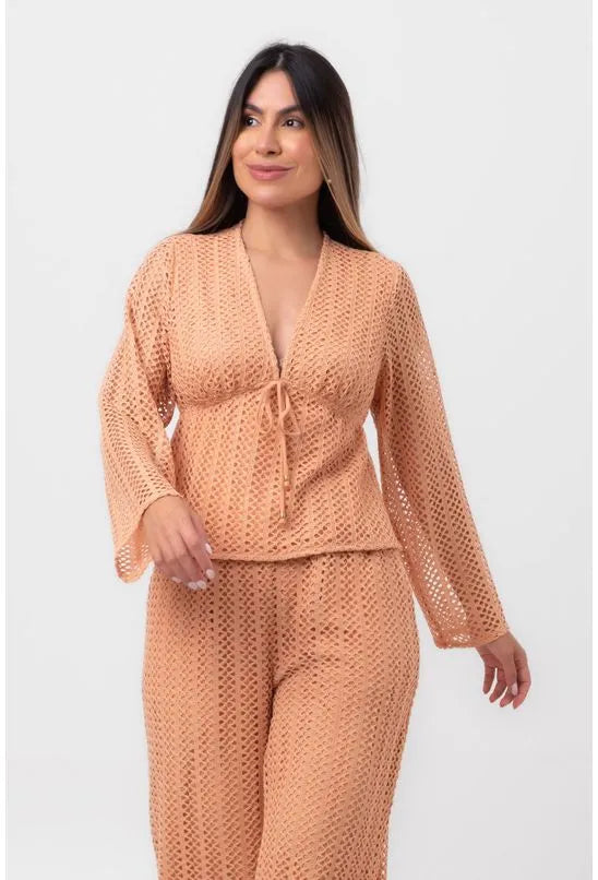 BLUSA RENDA DECOTE V BEGE LABRAVA