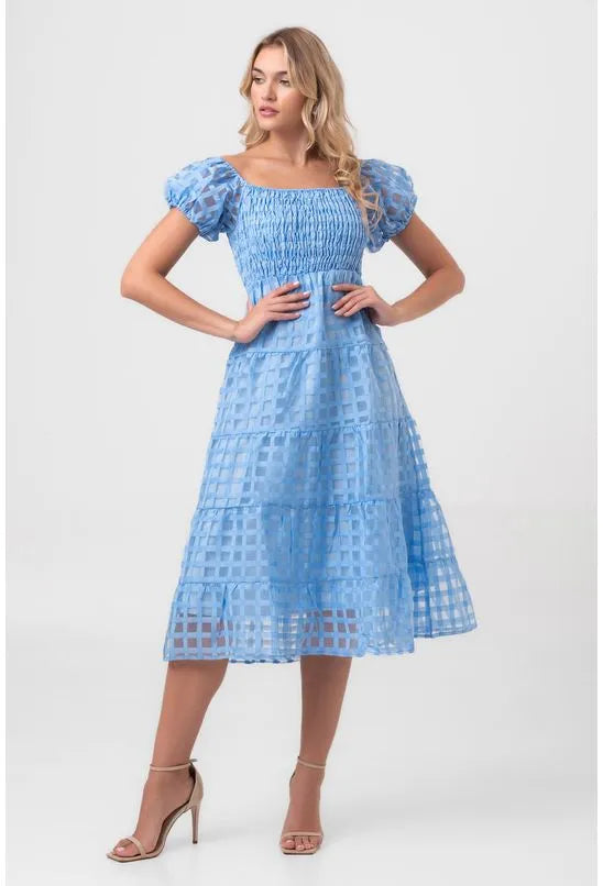 VESTIDO MIDI DE RENDA COM MANGAS BUFANTES AZUL